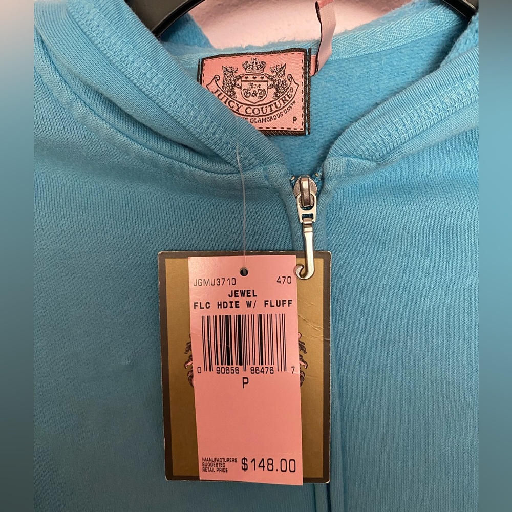 New With Tags! Juicy Couture Blue Embellished Fleece Zip Up Hoodie. Size XS - Picture 3 of 6